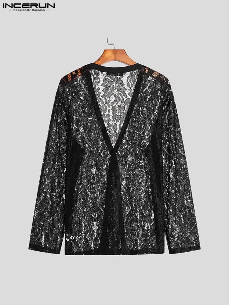 INCERUN Tops 2022 American Style Men's Collarless Design Cross Blouse Fashion Casual Male Perspective Long-sleeved Shirts S-5XL