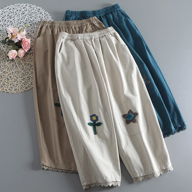 Spring Autumn Literary Lace Stitching Elastic Waist Pants Women Cartoon Appliques Embroidery Cotton Ankle Length Pants U011