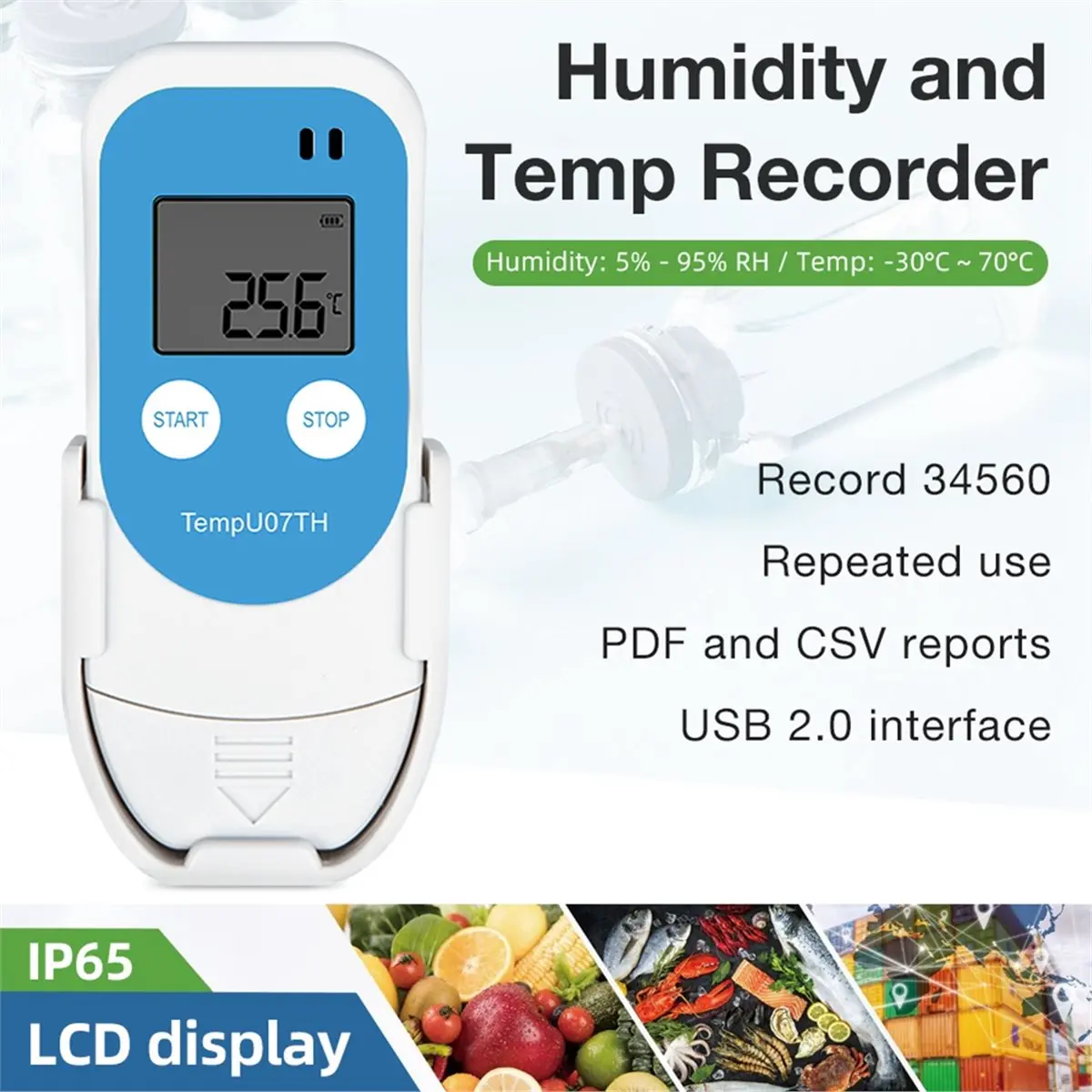Фото AAsales TempU07TH USB-регистратор температуры и влажности, многоразовый, с памятью на 34 560 записей, для лабораторий №1