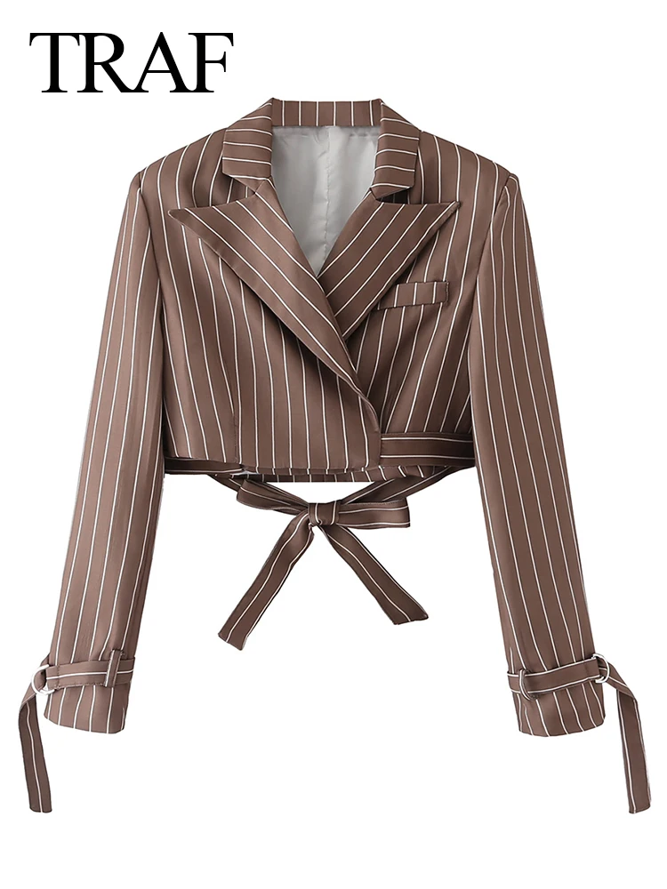 

TRAF Summer Fashion Short Lady Striped Blazer Trend High Street Lace Up Slim Long Sleeve Women's Casual Comfortable Blazer