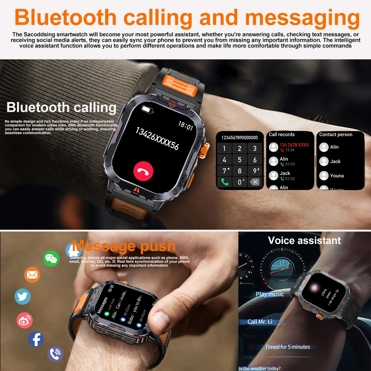Новинка 2024 2 0-дюймовый HD-экран Bluetooth-вызов умные часы фонарик спортивный