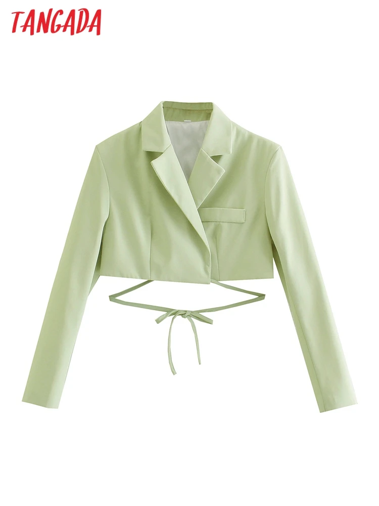

Tangada Women Vintage Green Short Blazer with Slash Female Long Sleeve Elegant Jacket Ladies Crop Blazer Suits QJ34