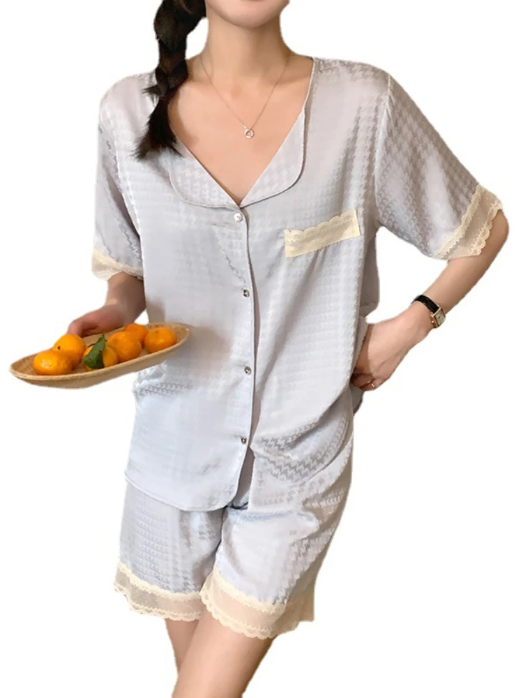 Summer Houndstooth Ice Silk Smooth Breathable Cardigan Short Sleeve Shorts Pajama Sets, Casual Loungewear,Home Clothes Sleepwear