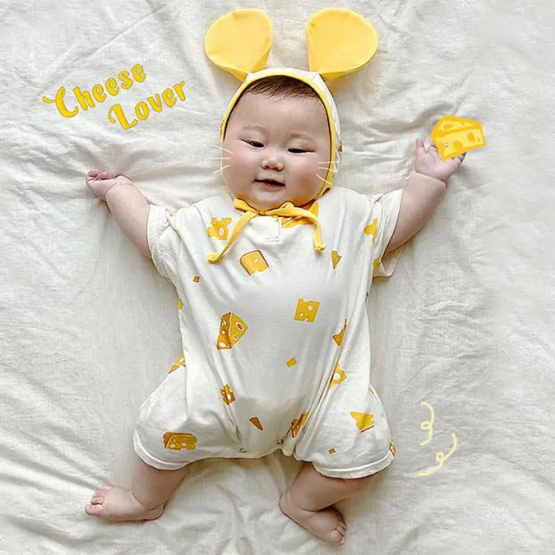 

2021 Summer New Cotton Baby Romper Cute Cheese Print Baby Short Sleeve Jumpsuit Soft And Comfortable Newborn Clothes