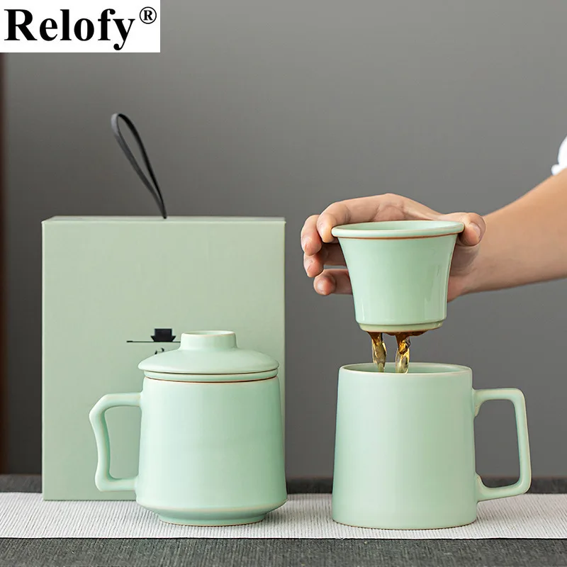 

400ml Deluxe Gift Wrapped Ceramic Cup with Tea Infuser and Lid Office Ruyao Porcelain Coffee Mug with Handgrip Family Drinkware