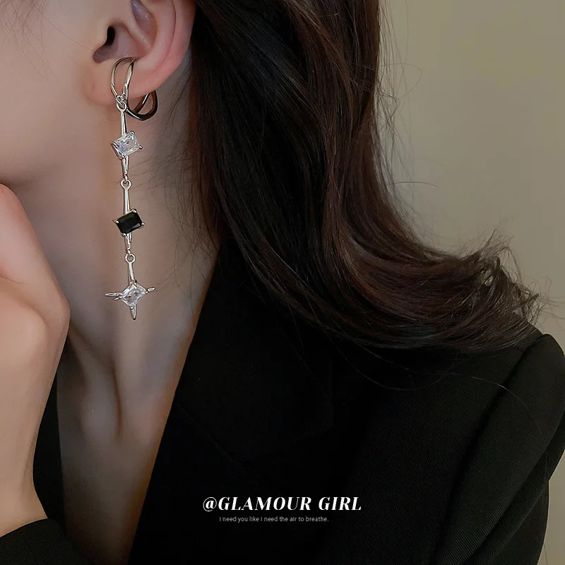 

Metal Cool Wind Asymmetric Zircon Square Awn Star Ear Clip Korean Minority Earbone Earrings Personalized