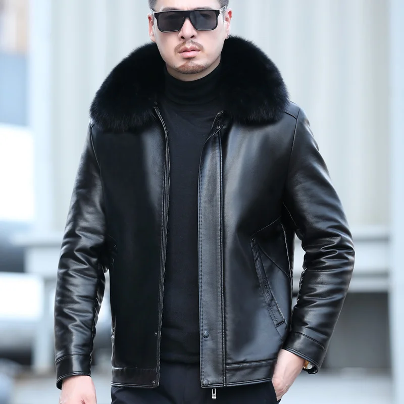 

YXL-833 Men's Winter Clothing Natural Leather Fox Collar Coat Thickened Fur One-piece Fashion