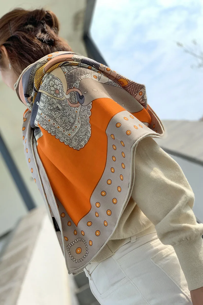 Женский зимний шарф седло из оранжевой шерсти Пашмина большой квадратный 140 см