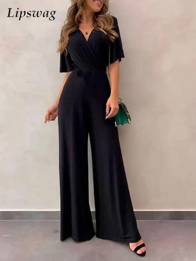 

2022 Elegant V Neck Office Jumpsuit Women Summer Short Trumpet Sleeve Romper Fashion Solid Lace Up Wiast Wide Leg Pants Playsuit