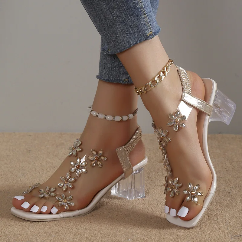 Transparent Square Heel Sandals For Women Luxury Flash Drill Summer High Heels Fashion Women's Shoes Low Heels Sandal Size 43