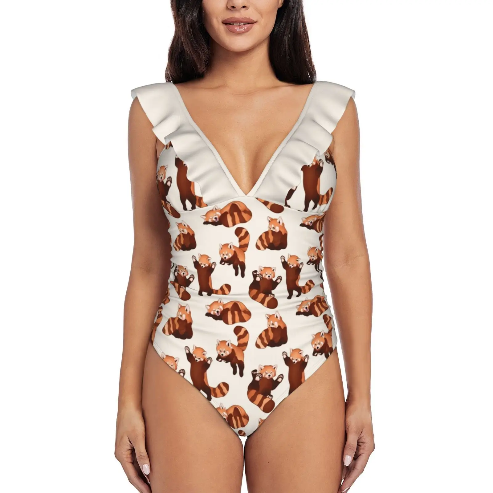 

Женский слитный купальник с оборками, красный купальник монокини с принтом панды