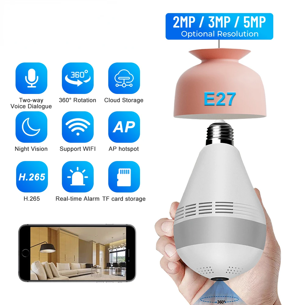

5MP 360 Degree E27 Light Bulb Camera 1080P Two-Ways Audio Wireless Panoramic IP Camera Home Security Protection Fisheye Cameras