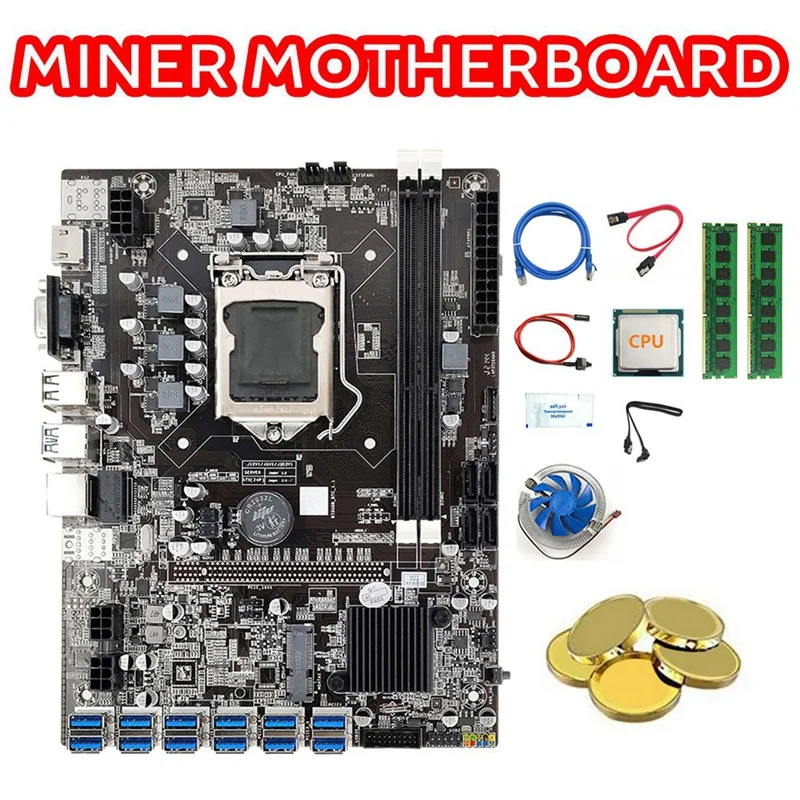 

B75 12USB GPU Miner Motherboard+CPU+2X4G DDR3 RAM+Fan+Thermal Grease+2XSATA Cable+Switch Cable+Network Cable LGA1155 BTC