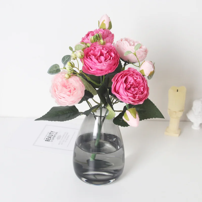 

Rose Pink White Silk Peony Artificial Flowers Bouquet 5 Big Heads 4 Small Buds Fake Flowers for Home Wedding Decoration Indoor