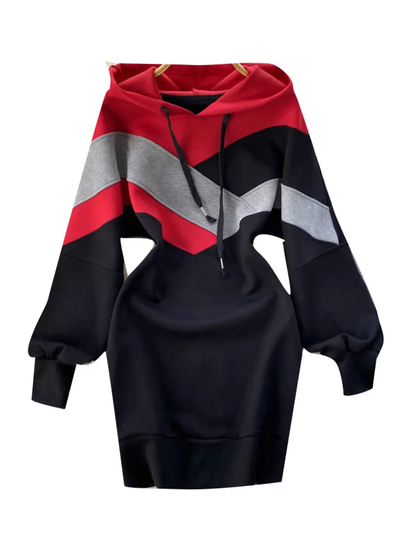 

Foamlina Fashon Women Hooded Swearshirt Dress 2022 Autumn Winter Long Sleeve Color Match Striped Short Dress Casual Streetwear