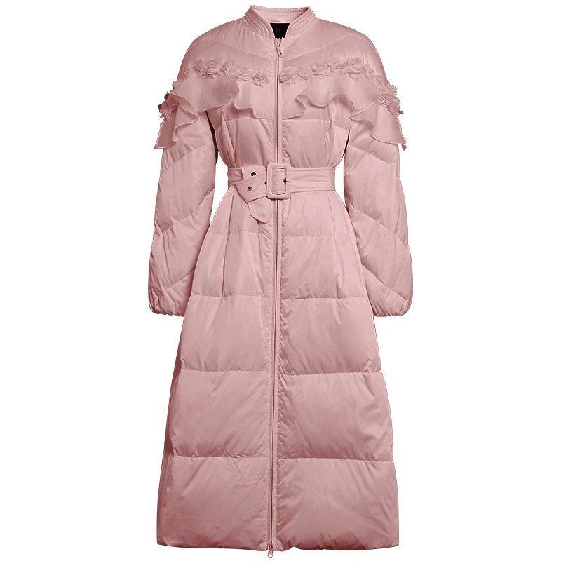 Pink Flower Elegant White Duck Down Coat Women Winter Warm Stand Collar Lotus Leaf Organza Stitching Big Swing