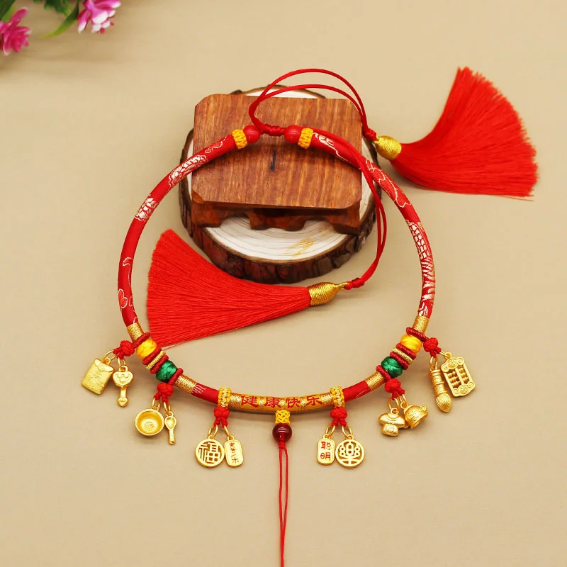 

Pure Lock Lanyard Hand Woven Baby Collar 100% Copy Real 999 Gold 18k Pendant Children's Red Rope Necklace Full Moon Centenary fo