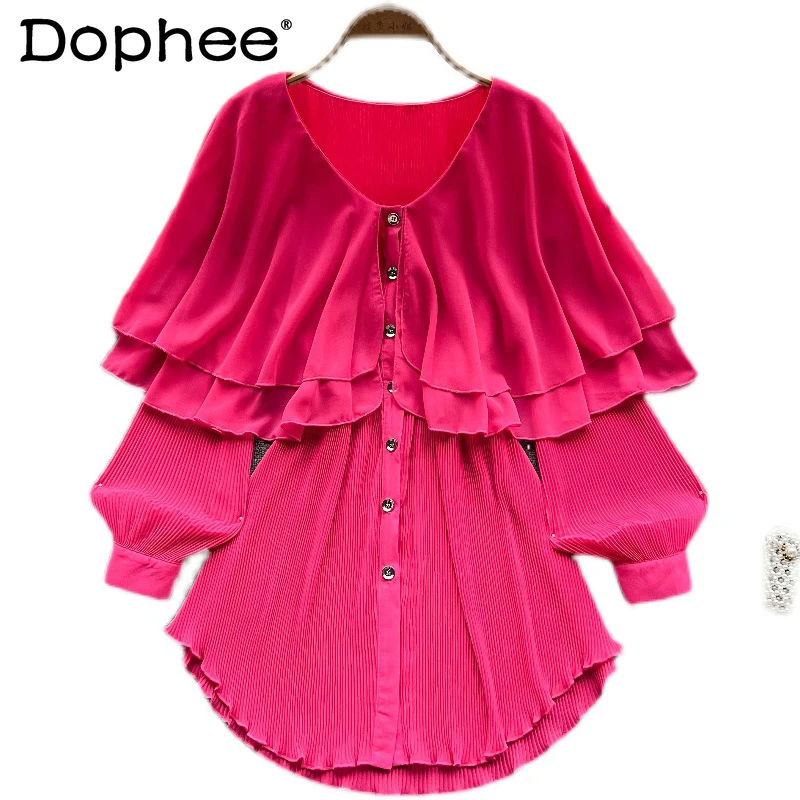 

Women Ruffles Pleated Shirt New Style Long Sleeve Temperament Fashion Spring Summer Lady Blouses 2022