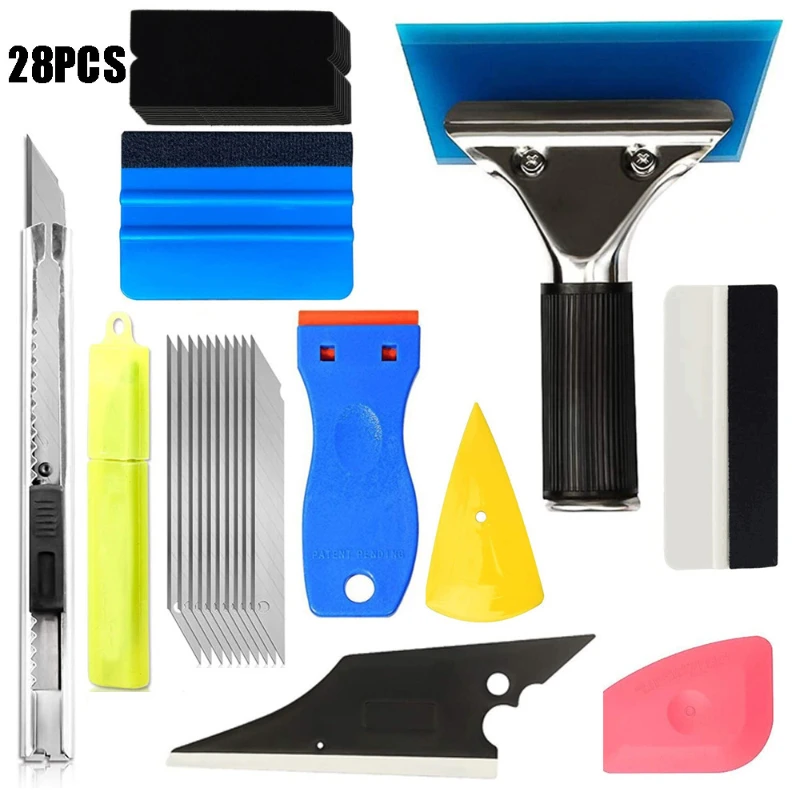 

28PCS Car Window Car Film Kit Stainless Steel Scraper Double-sided Scraper Utility Knife Felt Mounter Assembly Car Accesories