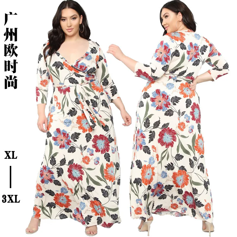 

2022 Summer Women's Floral Print V-Neck Skinny Long New Fashion Dress Female