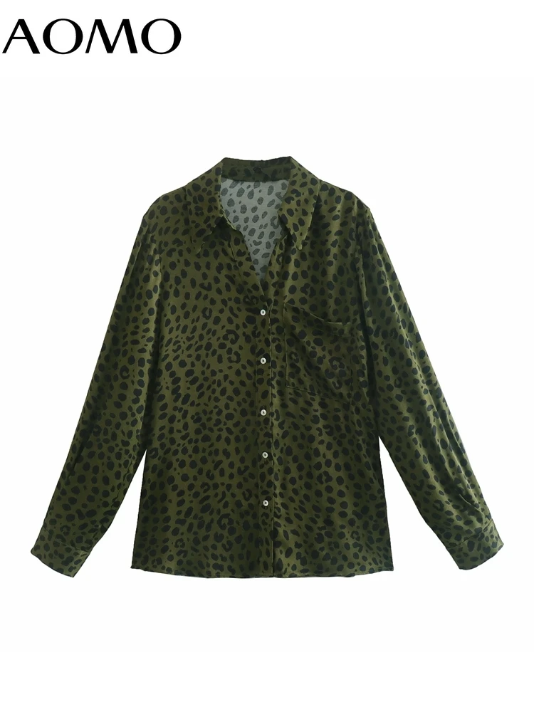 

AOMO Women Retro Oversized Green Leopard Long Shirt Long Sleeve Chic Female Casual Loose Shirt Tops JE66A