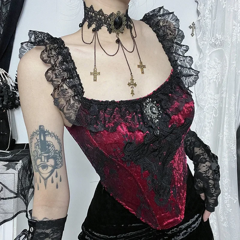 Фото IMU Crop Renda Gotik, Pakaian Punggung Terbuka Ruffle Atasan Pendek Seksi Motif Grafis Goth Hitam Mall Camis Harajuku Estetika №1