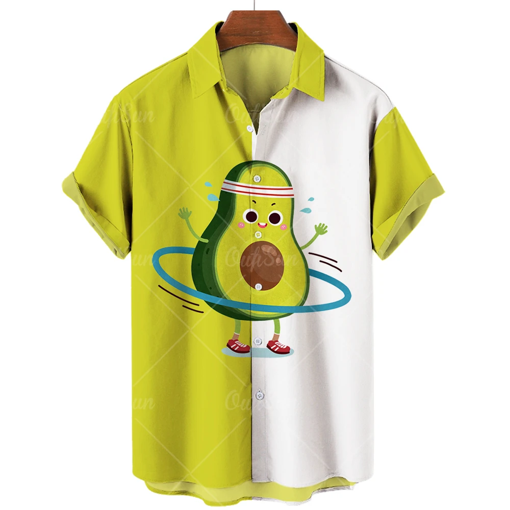 Men's avocado and fruit printed shirt, funny clothes, casual sweater, summer Harajuku short-sleeved Hawaiian shirt 2023