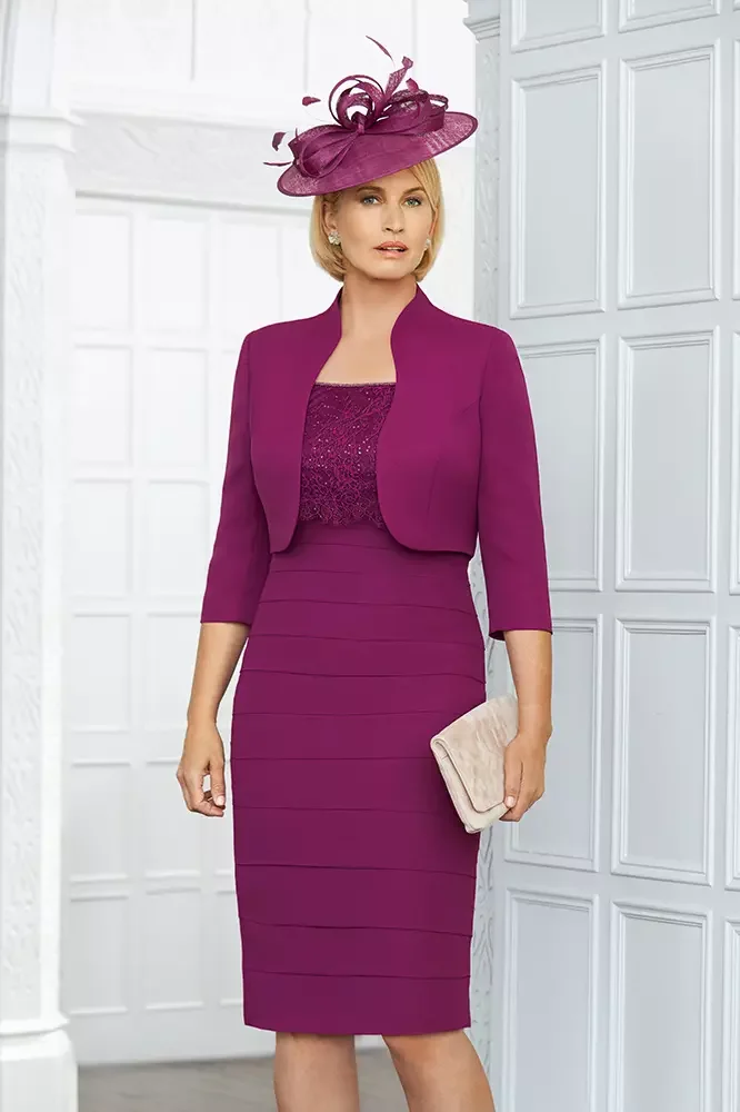 

new 3/4 length sleeves pretty sequinned lace Magenta and Smoky Amethyst Mother of the Bride Dresses with Matching crepe Jacket
