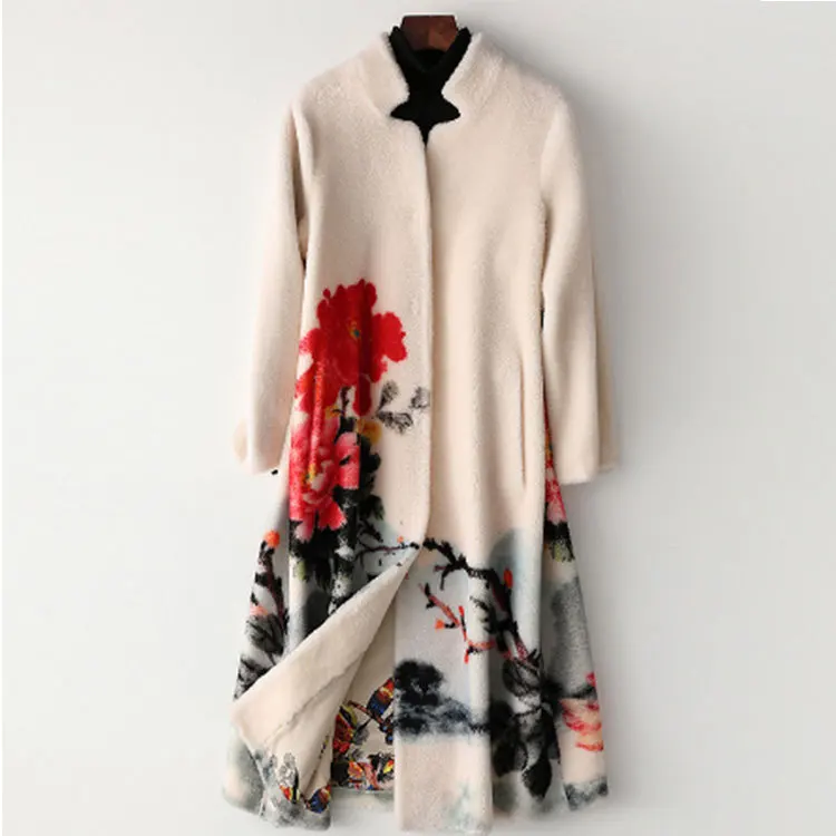 Winter Women's Wool Jacket Long Print Floral Flower Overcoat Spring New High Quality Fashion Thick Warm Fur Sheep Shearing Coat