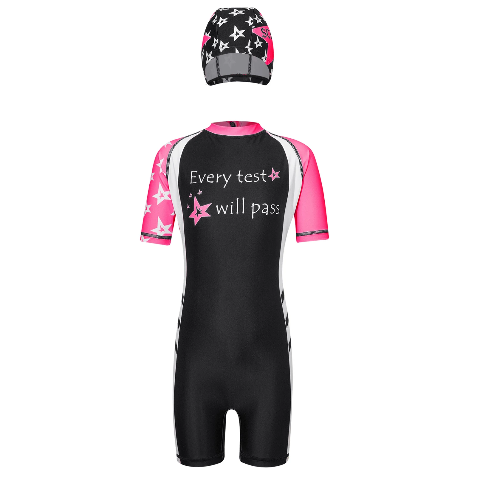 

Kids Girls Boys One-piece Swimsuit Swimwear Short Sleeve Cartoon Stars Print Swimming Jumpsuit Swimwear Rash Guard with Swim Hat