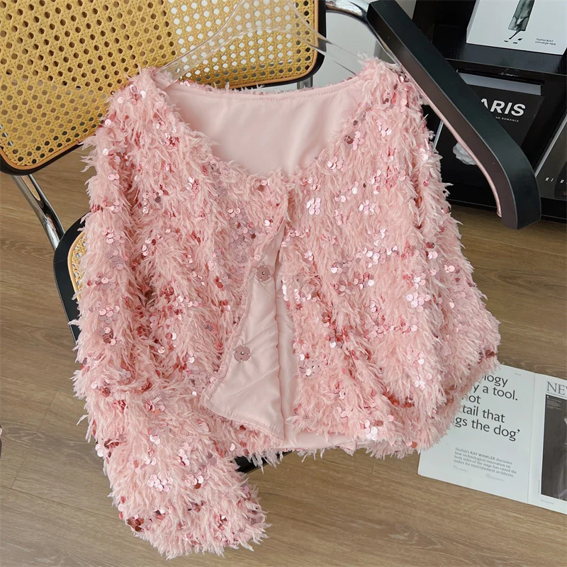 

Autumn Winter New Retro Women Sequined Knitted Cardigan Coat O-neck Short Jacket Causal Single Breasted Tops