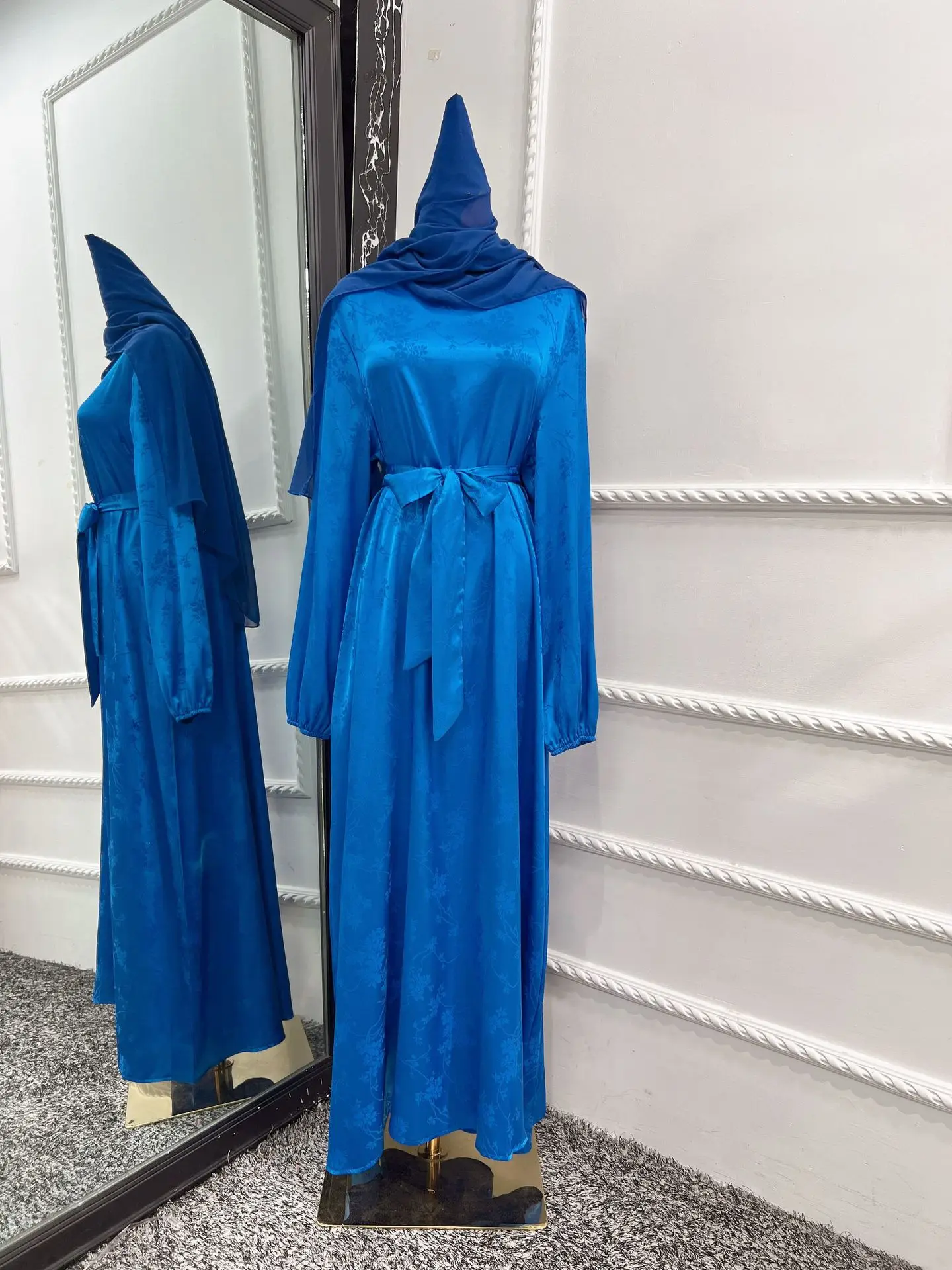 Eid Silk Feeling Jacquard Puff Sleeve Satin Abaya Dress with Hijab Scarf for Muslim Women Islamic Dresses Dubai Turkey Kaftan
