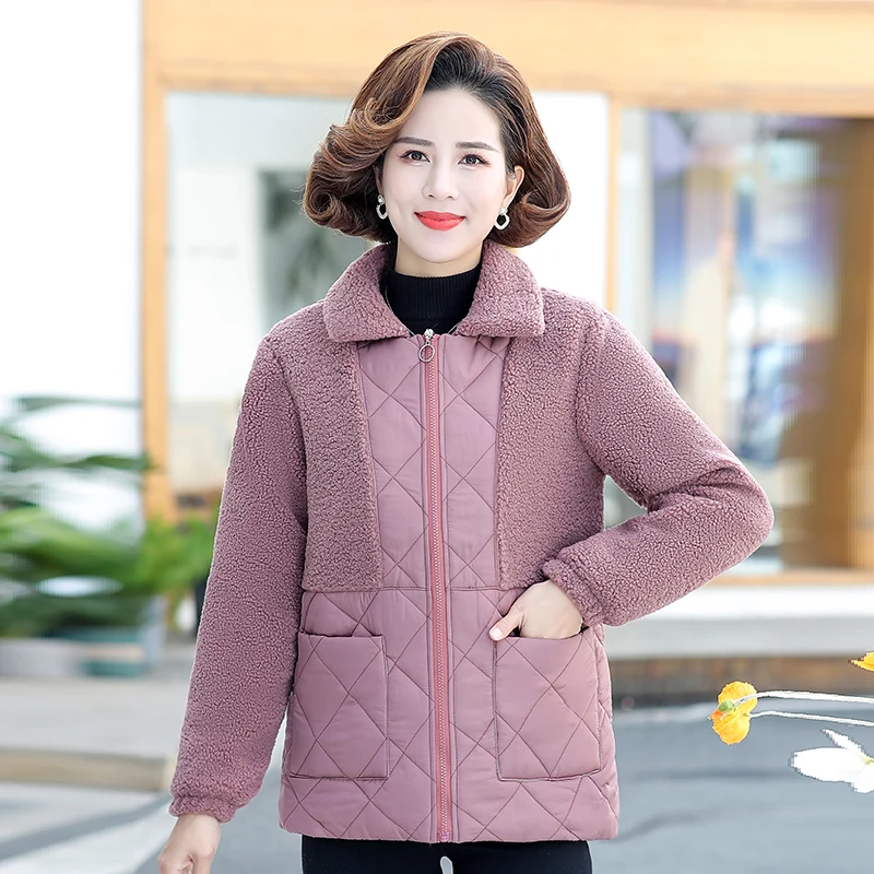 Middle-aged and Elderly Women's Coat Winter Jackets Thin Light Warm Plus Velvet Cotton Linen Lattice Jacket Outwear Mother Dress