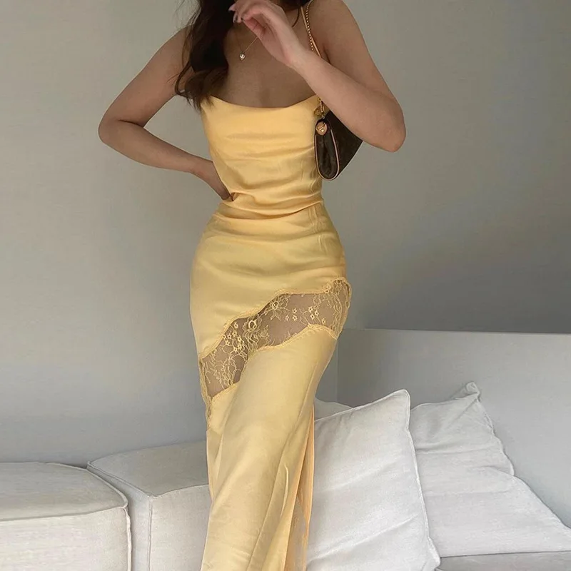 

Elegant Sexy Slip Lace Maxi Dress for Women Summer Party Club Split Fashion Spaghetti Strap Long Dresses Vestido