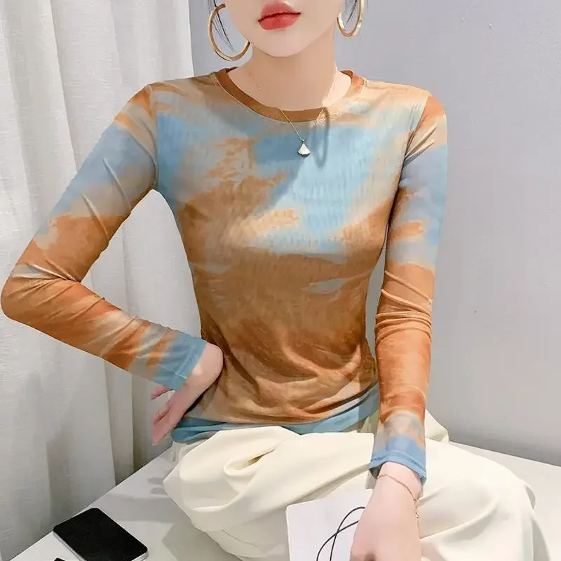 Fashionable Long Sleeve Crew Neck Slimming Top Trendy European Style 2024 Autumn/Winter Net Printing Positioning Flower Round Ne