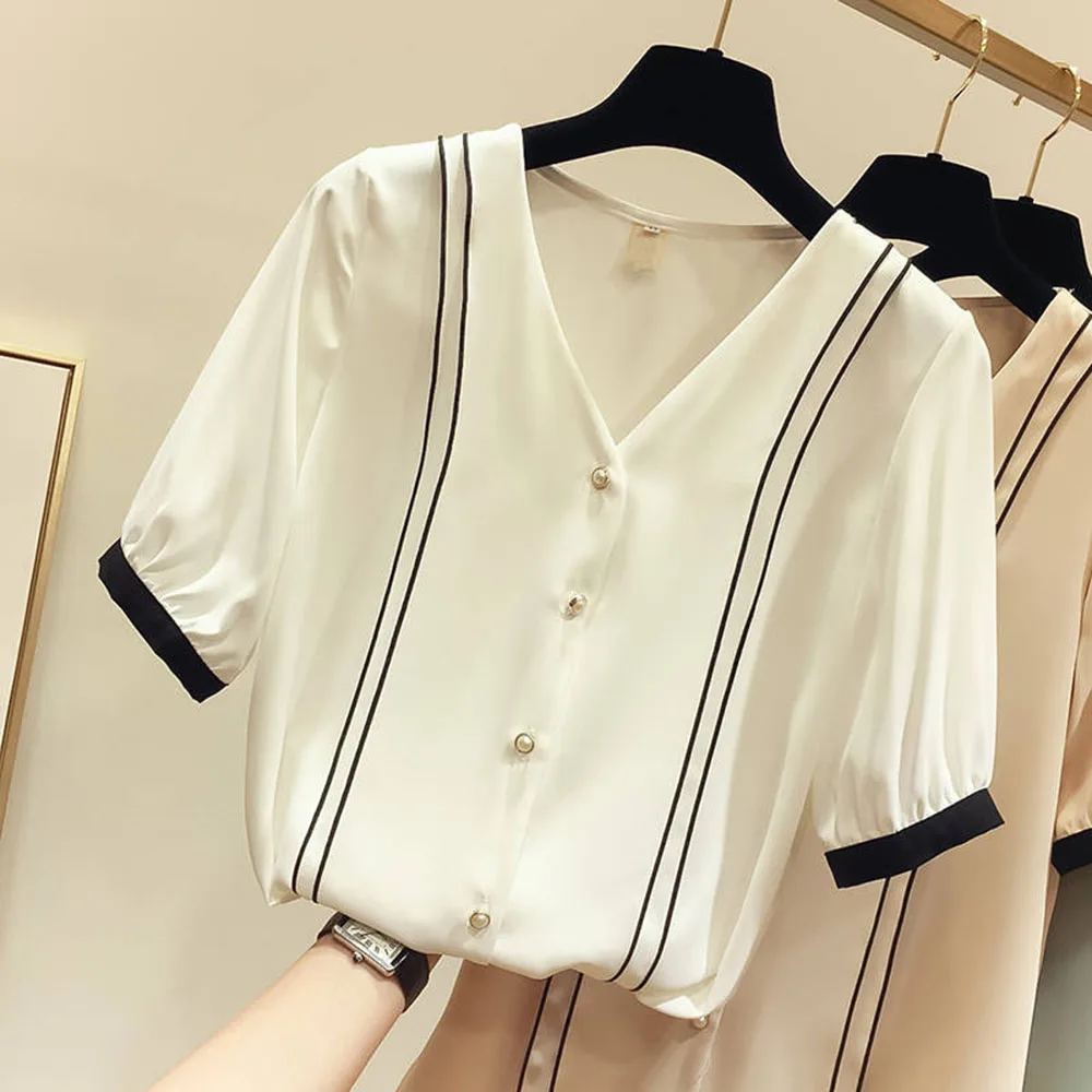 

Korean Women Blouse New V Neck Short Sleeve Fashion Shirt Tops 2022 Summer Korean Janpan Plain Office Lady Work Blouses Shirts