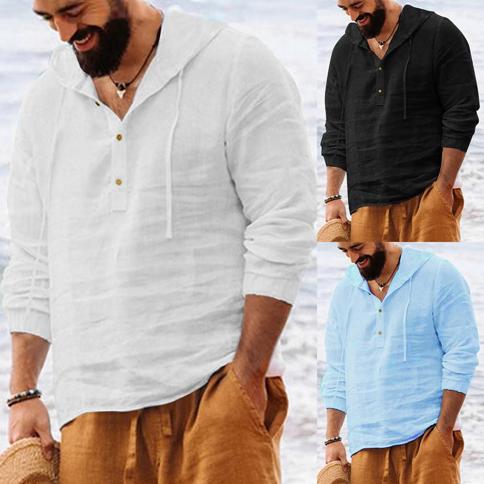 

Рубашка мужская с капюшоном, Повседневная блузка из хлопка и льна, с длинным рукавом, однотонная, осень