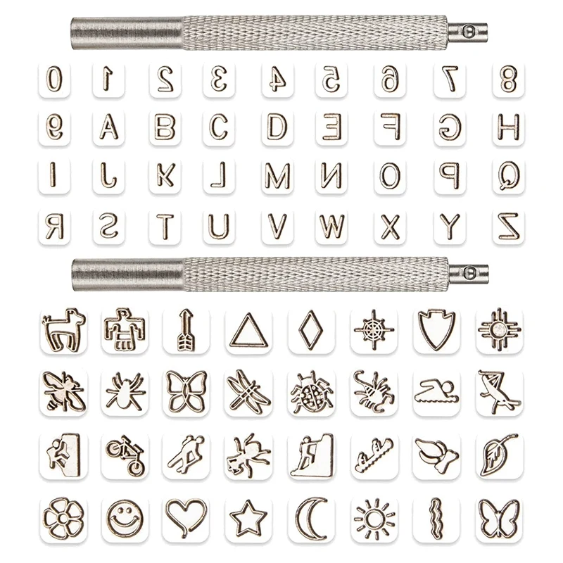 

70 PCS Leather Craft Stamping Tool Set Of 26 Metal Letters Alphabet & 10 Numbers Stamps And 32 Patterns Stamps 2 Handles