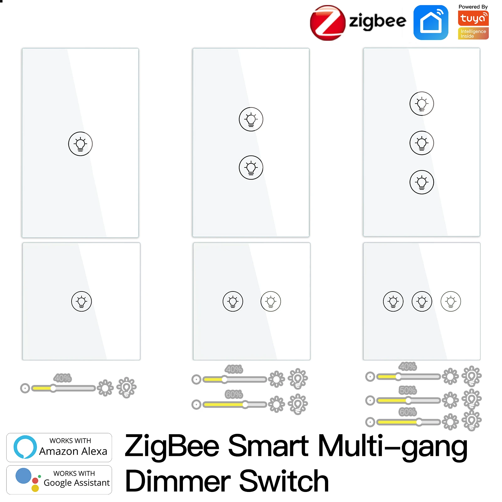 

Smart ZigBee Multi-gang Light Dimmer Switch Independent Control Smart Tuya APP Control Works with Alexa Google Home 1/2/3 Gang