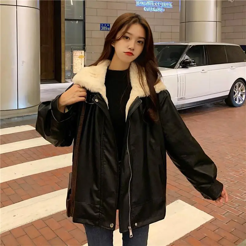 PU Leather Jacket Thicken Coats Lamb Leather Jacket Women Winter Jacket Women 2022 Warm Women's Coat Korean Heavy Jackets Women