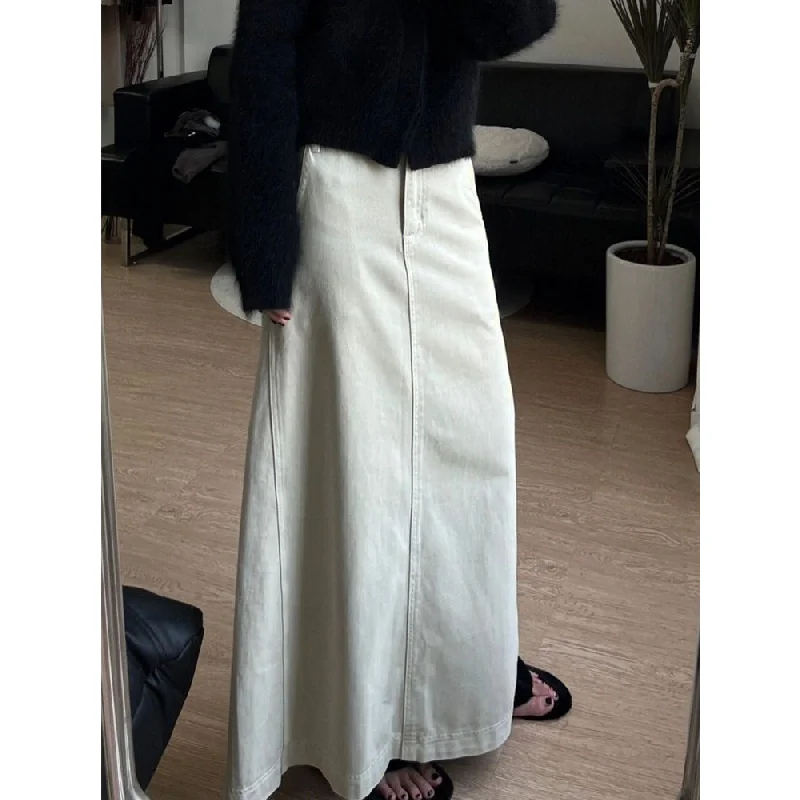 

White Denim Long Skirt Women Autumn Elegant Fashion Korean High Waist A-line Back Split Maxi Skirt Y2k Casual Streetwear