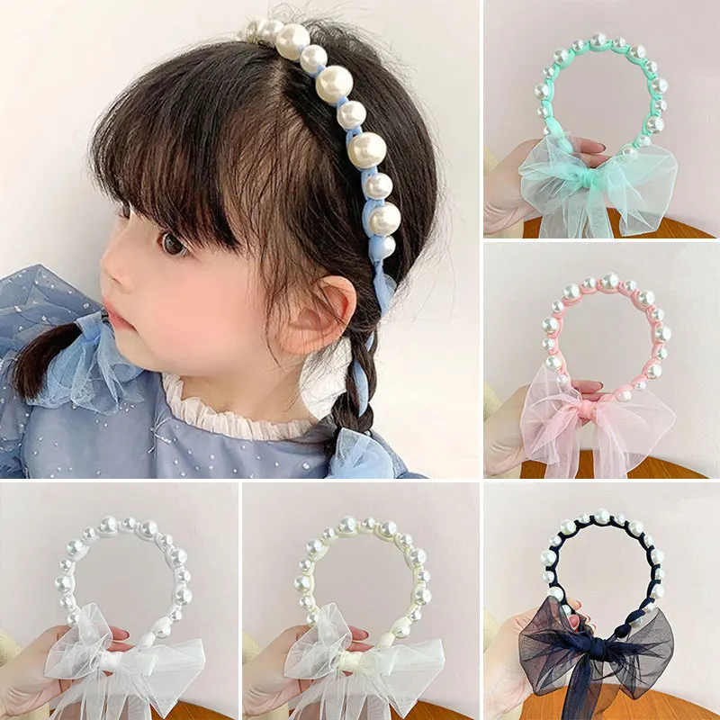 

Girl Pearl Headband Fairy Silk Mesh Streamer Princess Hair Accessories Head Flower Jewelry Fashion Birth Giftead Flower Jewelry
