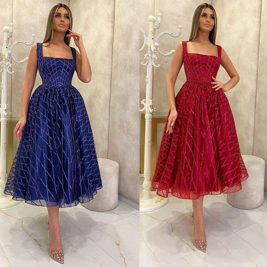 

Mandylandy Elegant Sequins Princess Dress Mid-Length Sequin Evening Dress Fashion Formal Swing Dress for Women Vestidos