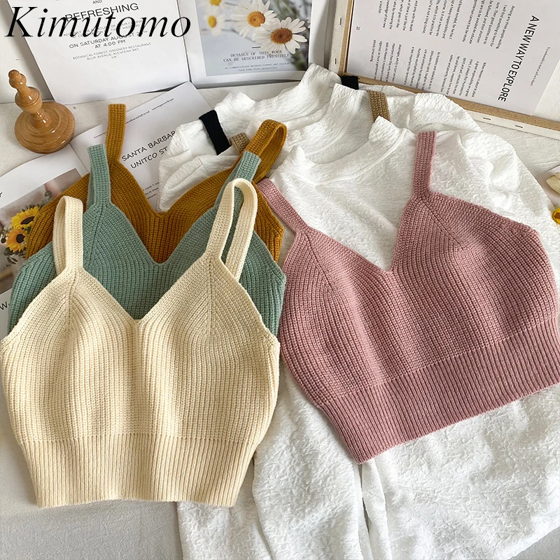 

Casual Sets Kimutomo 2022 Spring New Ins Solid Simple Short Versatile Knitting Vest Loose O-neck Long-sleeved Bottoming Top Tide