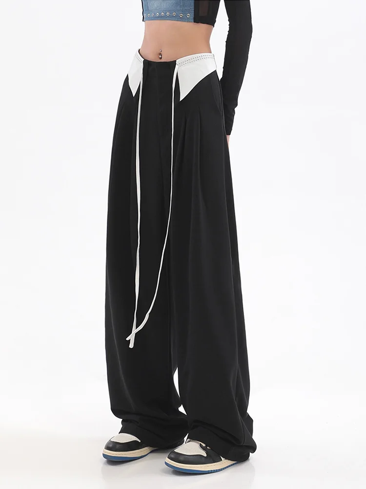 

Autumn Winter Women Low Waist Contrast Color Sweatpant Drawstring Tie Up Trousers Wide Leg Straight Cylinder Casual Joggers