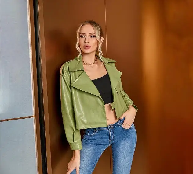 LXUNYI PU Leather Jacket  Female 2022 Autumn Women's Fashion Loose Faux Leather Turn-down Collar Epaulet Short PU Coat Green