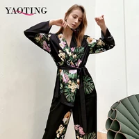 yaoting pajamas satin woman robe and pants floral printed home suit s xl female set for 2022