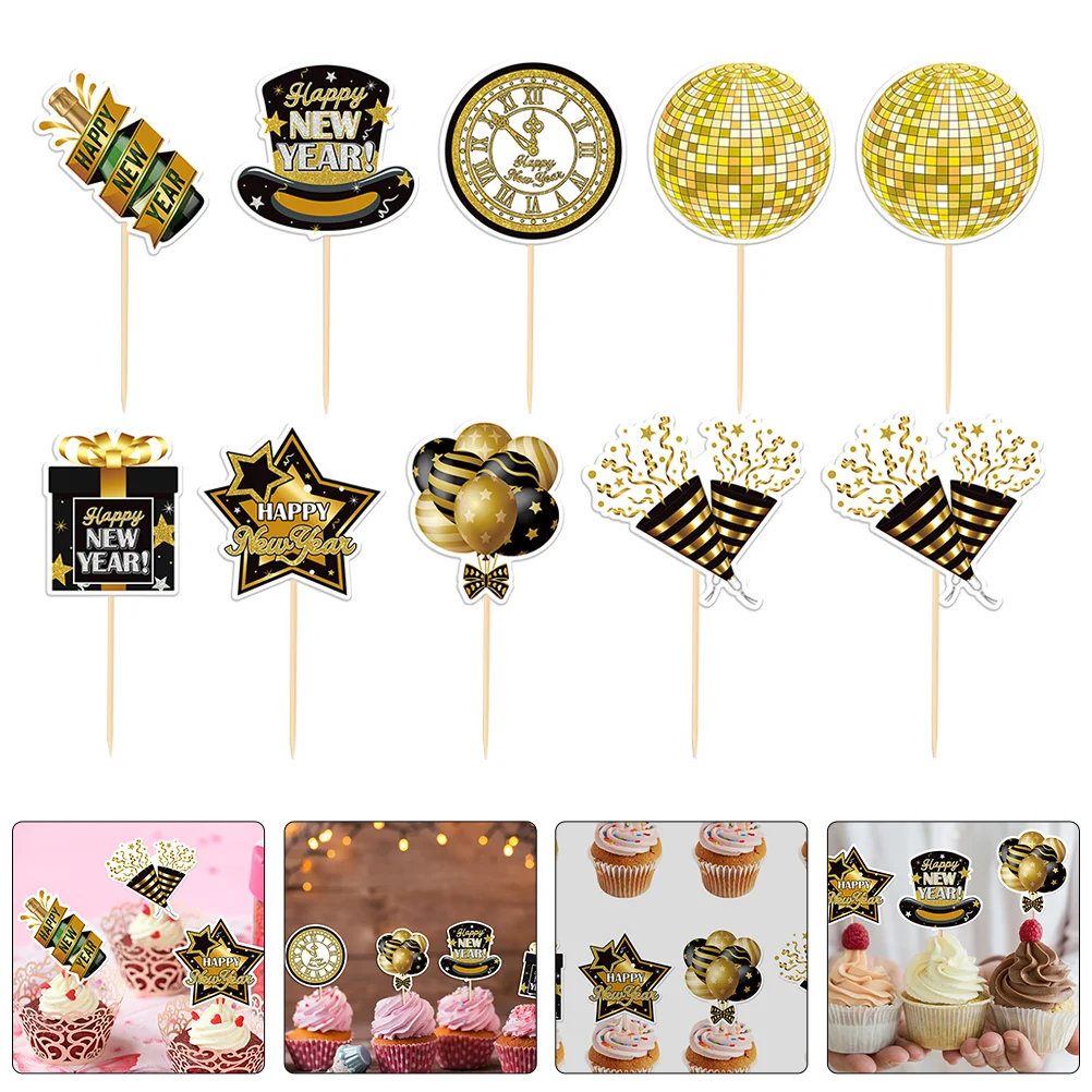 

24 Pcs New Year's Cake Inserts Dessert Decorations Years Party Cupcake Birthday Topper Decorative Fruit Picks Decorate