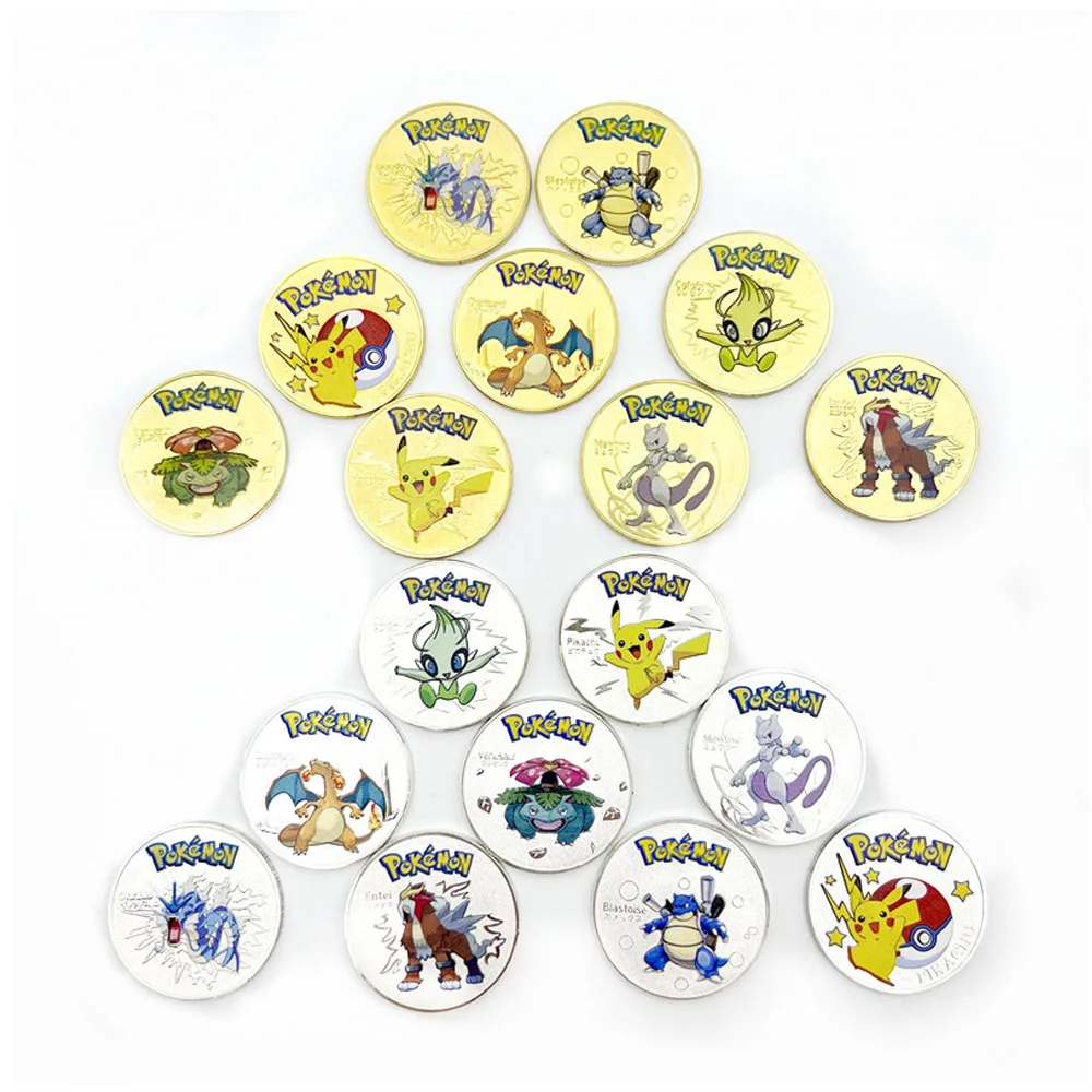 

New Pikachu Gold Pokemon Coins Commemorative Coins Metal Pokemon Letters Gold Metal Round Cards Silver Mewtwo Coin Anime Toys