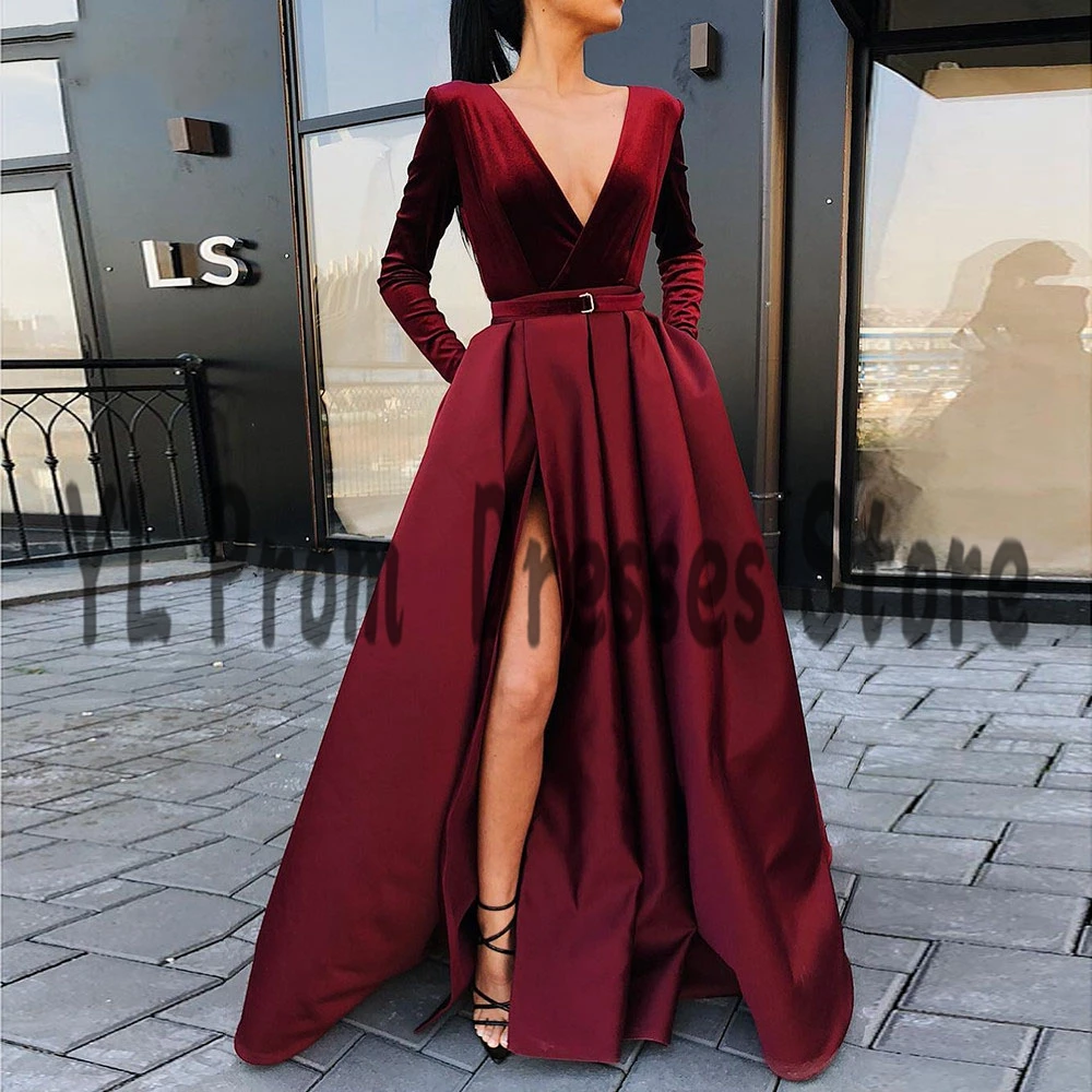 

YL Burgundy Velet Long Sleeve Prom Dresses With Sexy Slit V-Neck A-Line Formal Evening Gowns Side Pocket Christmas Party Dress